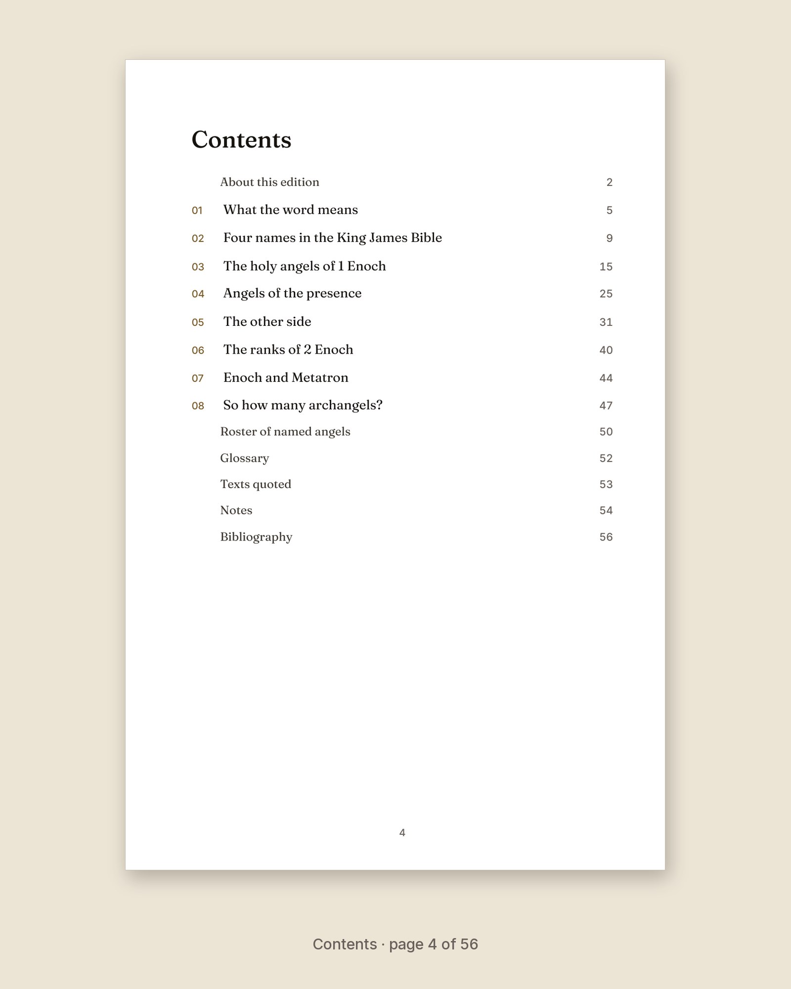 Contents page of The Archangels, listing its chapters and back matter