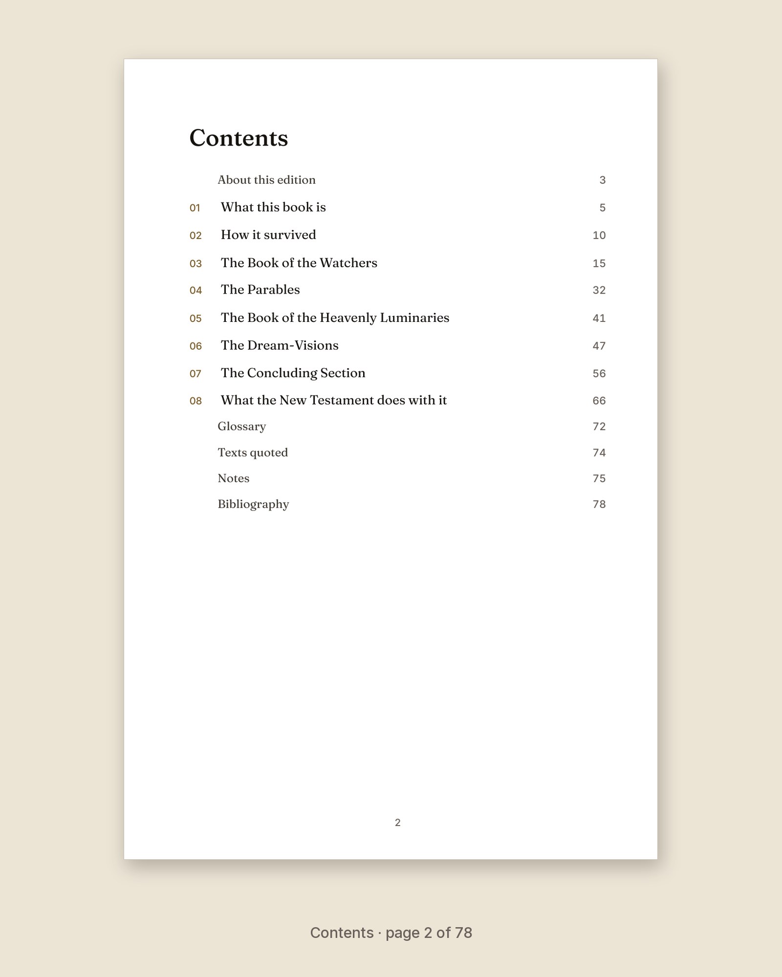 Contents page of The Book of Enoch: A Field Guide, listing its chapters and back matter