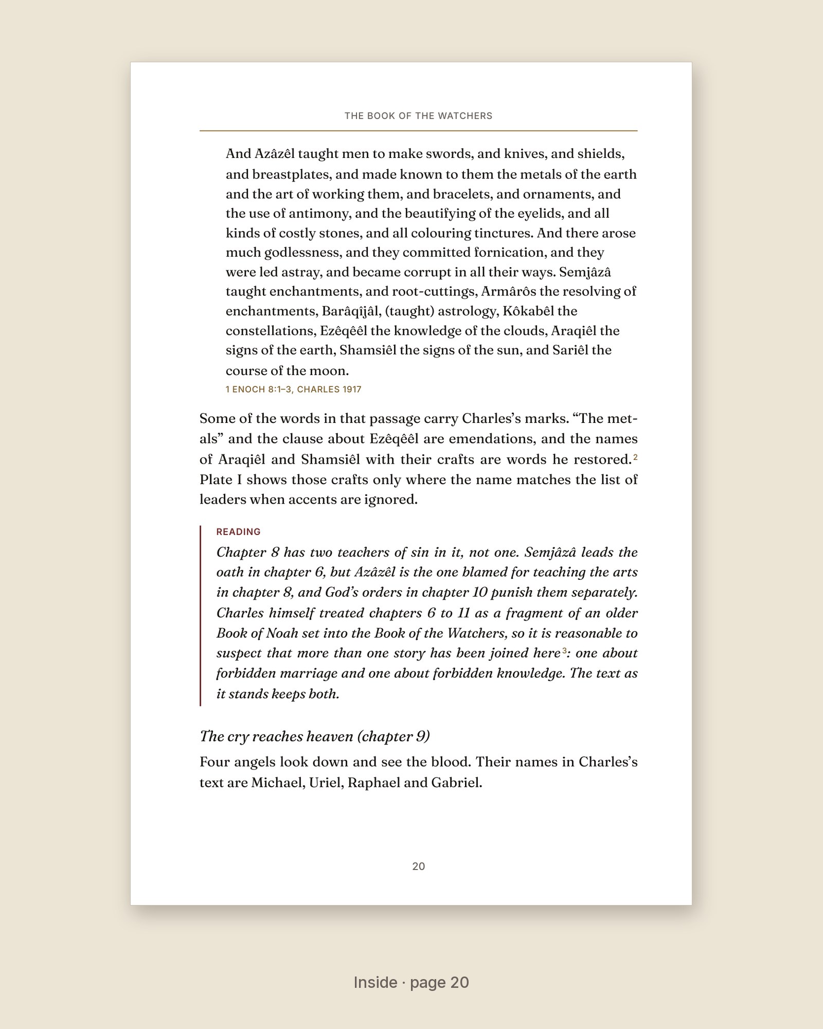 A page from The Book of Enoch: A Field Guide with a sourced quotation and a Reading box that marks interpretation