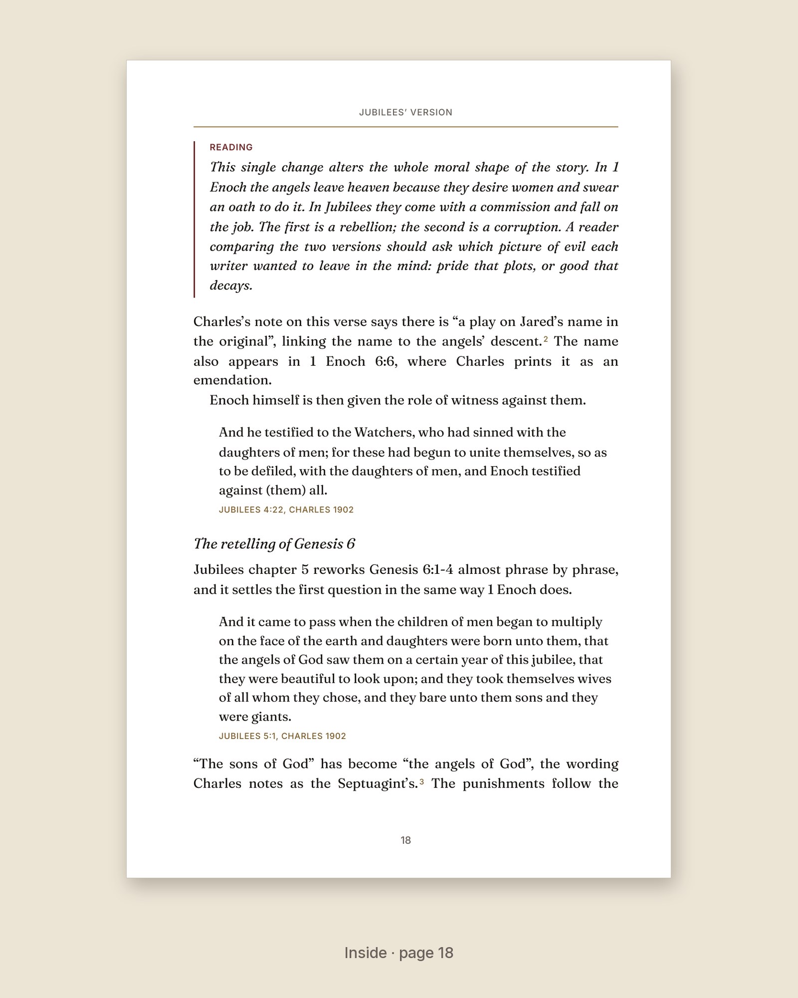 A page from The Watchers and the Nephilim with a sourced quotation and a Reading box that marks interpretation
