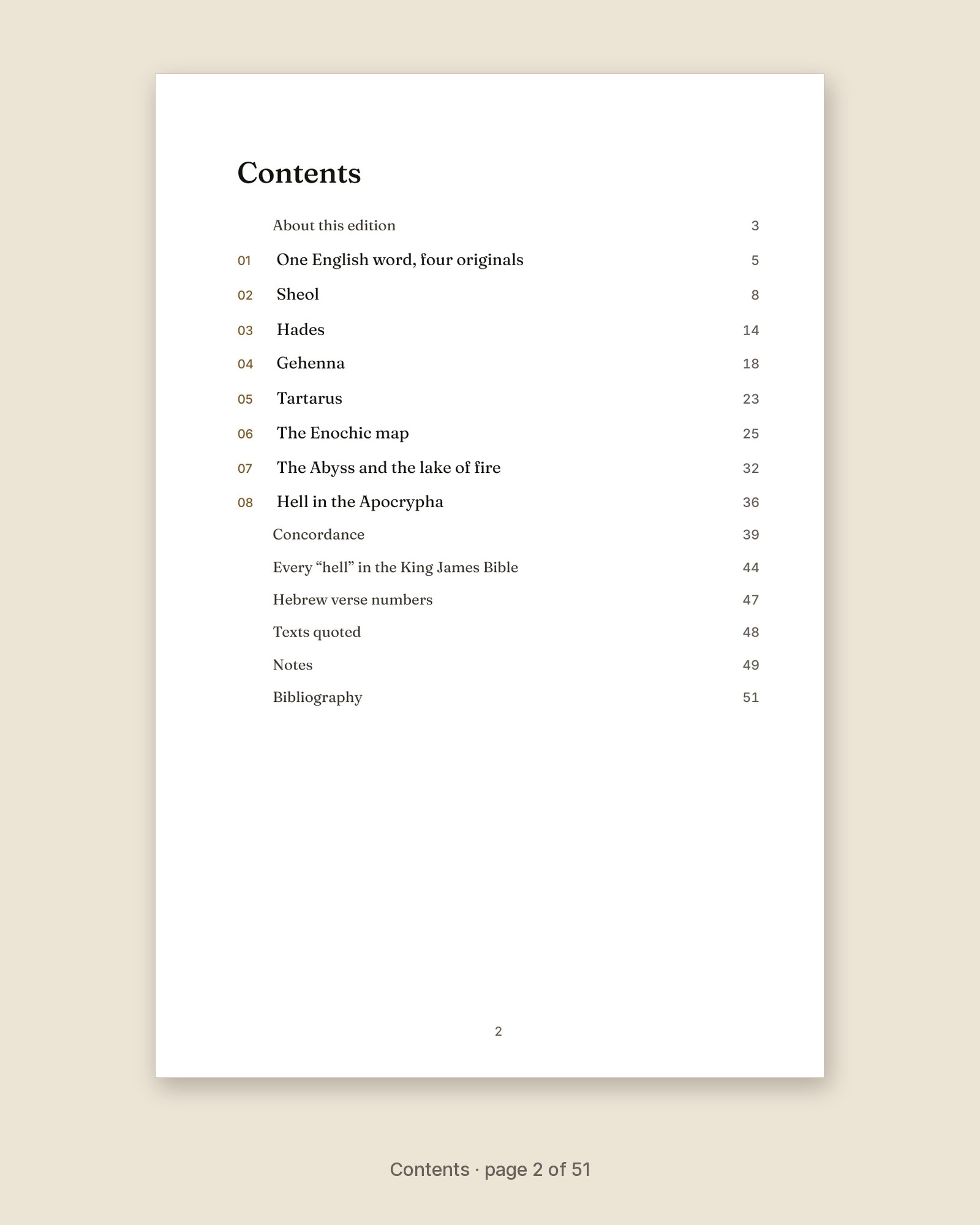Contents page of The Four Hells, listing its chapters and back matter