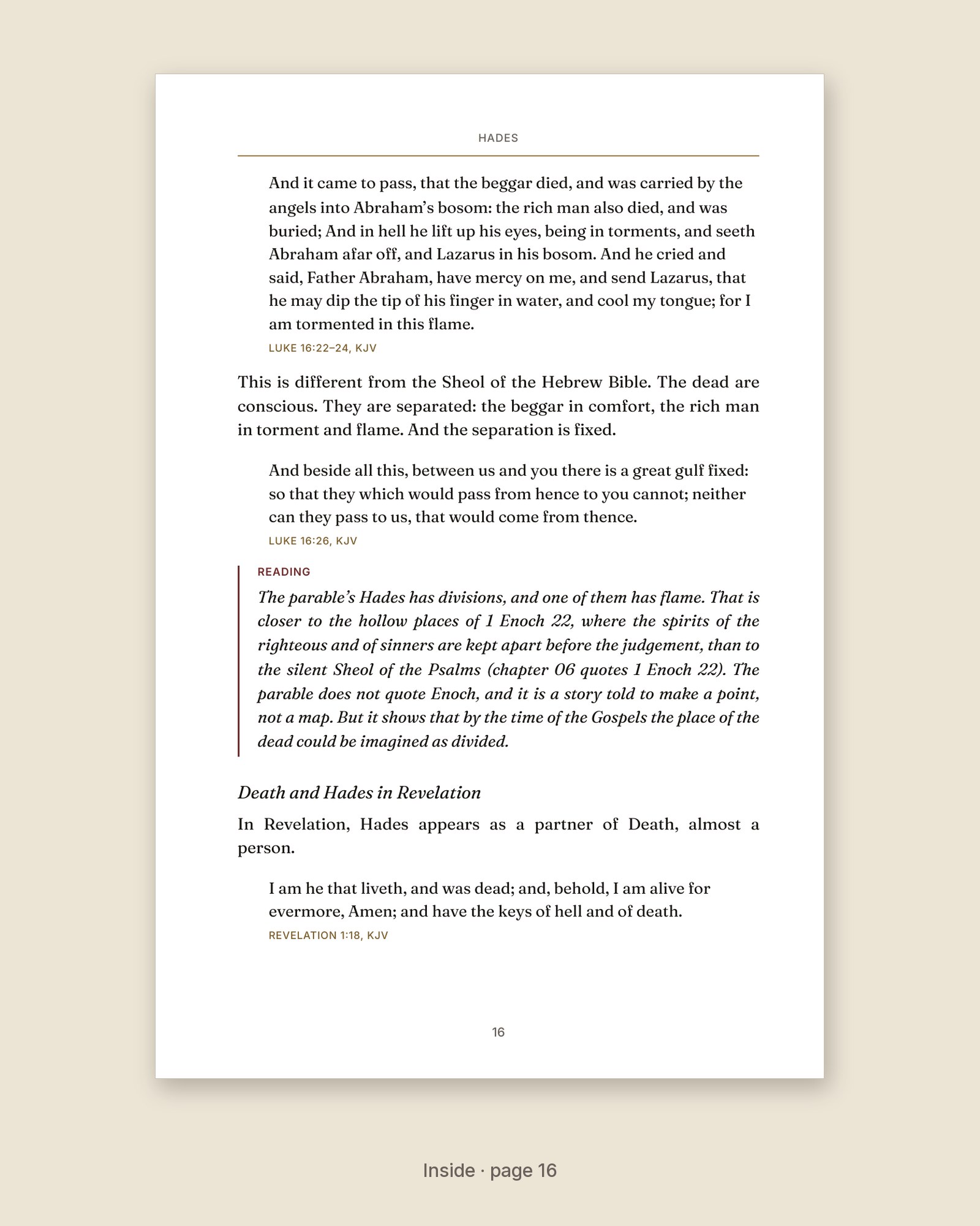 A page from The Four Hells with a sourced quotation and a Reading box that marks interpretation